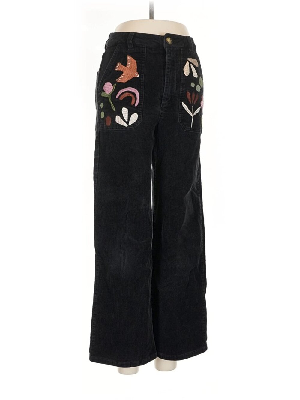 Princess Highway Fleur Embroidered Black Corduroy Wide Leg Pants AU 8 EUC